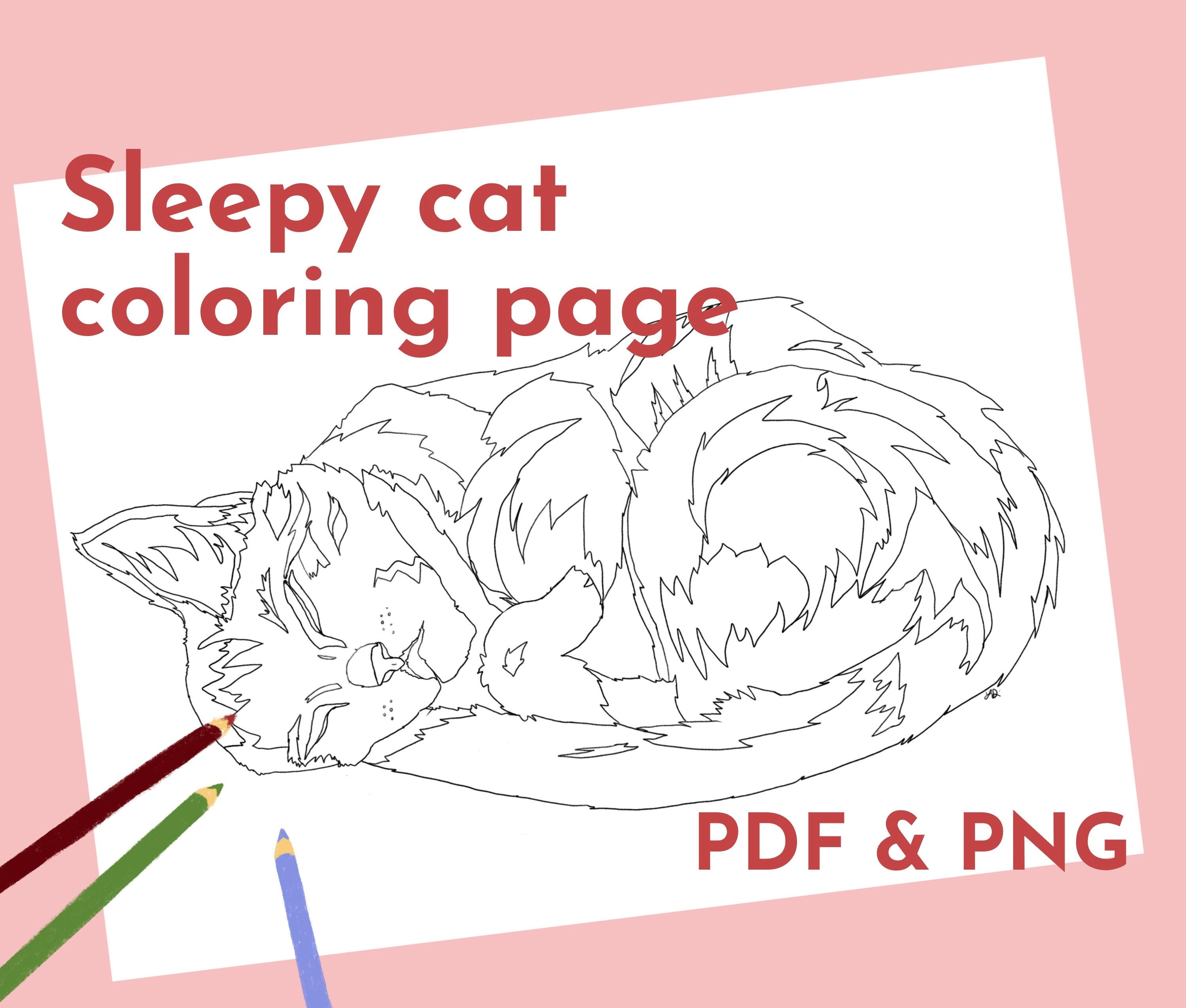 Sleeping Cat Coloring Page, Digital Download, Hand-drawn, Printable PDF ...