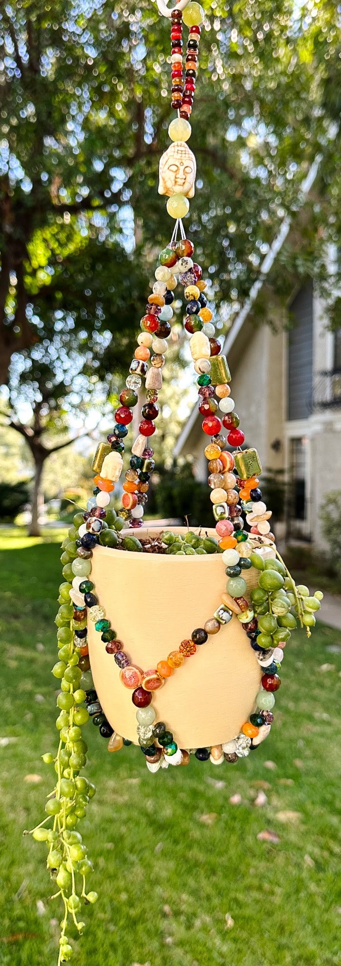 Beaded Plant Hanger: Handcrafted Semiprecious Stone Boho Decor