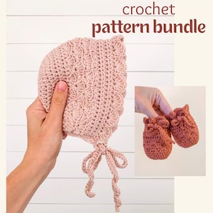 May include: A crochet pattern bundle featuring a pink baby bonnet with a tied bow and a pair of rust-colored baby booties.