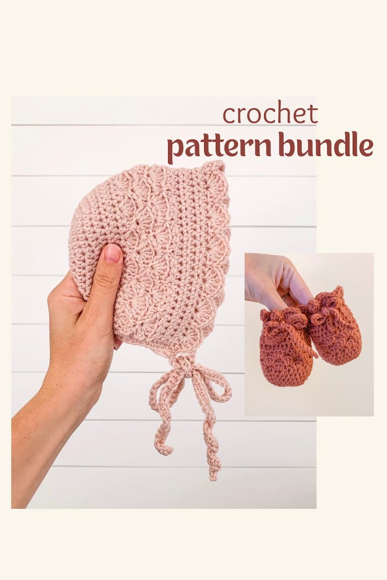 May include: A crochet pattern bundle featuring a pink baby bonnet with a tied bow and a pair of rust-colored baby booties.