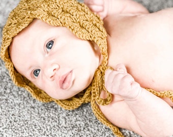 Derwent Bonnet // Baby Bonnet // Crocheted Bonnet // Sizes 0-3, 3-6, 6-12, and 12-18 months