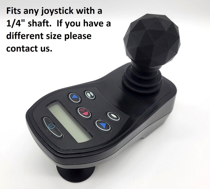May include: Black joystick with a diamond-shaped knob and a digital display. It has multiple buttons and fits any joystick with a 1/4 inch shaft. "Fits any joystick with a 1/4" shaft. If you have a different size please contact us."