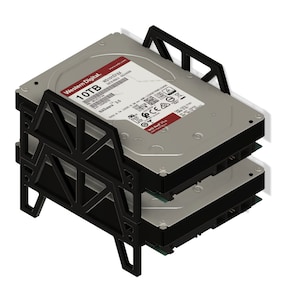 May include: Two black hard drive cages with a black metal frame. The top hard drive is a Western Digital 10TB hard drive with the model number WD101EFBX-64. The bottom hard drive is not visible.