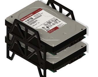 May include: Two black hard drive cages with a black metal frame. The top hard drive is a Western Digital 10TB hard drive with the model number WD101EFBX-64. The bottom hard drive is not visible.