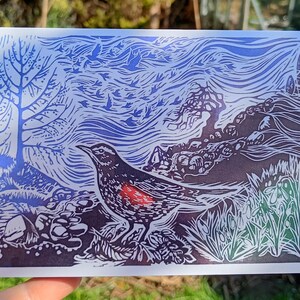 Carte de voeux Aile rouge et perce-neige d'une linogravure RK Wanderings Rachel Holborow originale fabriquée au Royaume-Uni