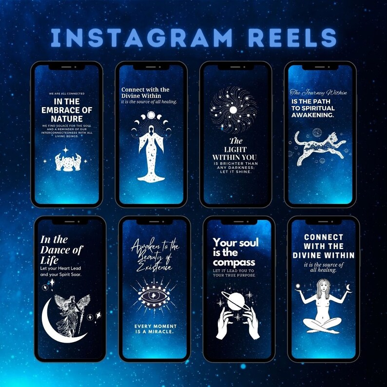 May include: Nine Instagram story templates with a blue background and white text and illustrations. The text includes quotes about nature, light, the soul, and the divine within. The illustrations include a crescent moon, a cat, a hand holding a compass, and a woman meditating.