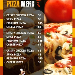 May include: A pizza menu with a variety of pizza options, including crispy chicken pizza, spicy pizza, premium pizza, and cheese pizza. The prices are listed next to each pizza option. The menu is on a black background with a yellow and red stripe at the top and bottom. The image also includes a close-up of a pizza with toppings like mushrooms, pepperoni, and olives.