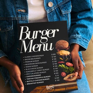 3 in 1 Burger Menü Board, Burger Bar Menü zum Ausdrucken, Burger Menü Canva Vorlage, Burger Flyer, Burger Imbisswagen, Restaurantkarte, Foodie