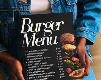Burger Menu Board Template: Restaurant Food Truck Menu (Canva Editable)