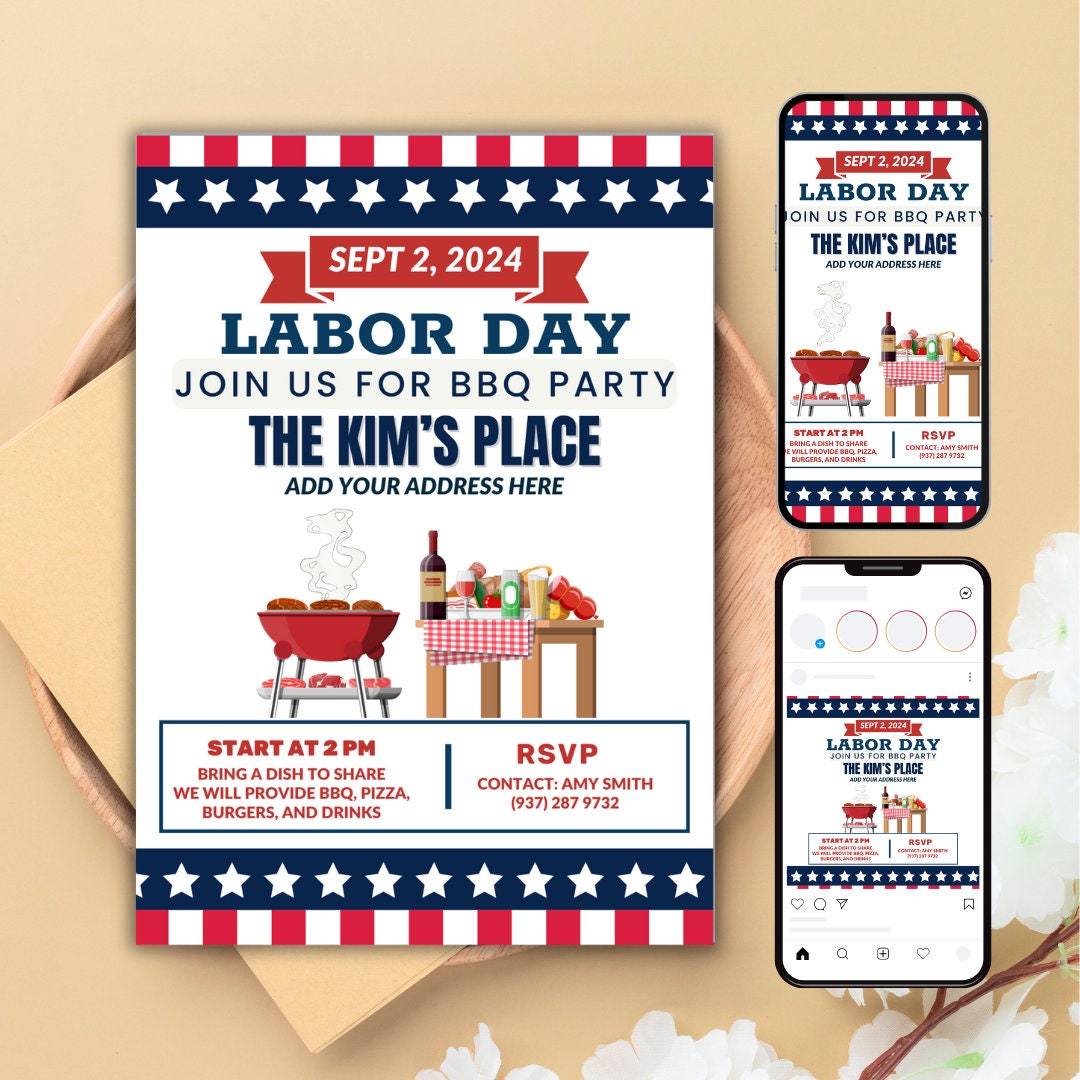3 in 1 Digital Labor Day Party Invitation, Printable Labor Day ...