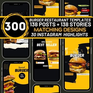 Plantillas de Canva de Tasty Burger, plantillas con temas en negro y amarillo, plantillas para restaurantes gourmet, diseños editables, plantillas para tiendas de alimentos