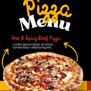May include: A close-up of a large, round pizza with a thick crust. The pizza is topped with melted cheese, pepperoni, sausage, mushrooms, peppers, and black olives. The pizza is on a checkered red and yellow background. The text "Hot & Spicy Beef Pizza" is written in red above the pizza. The text "Antonio's Pizza Menu" is written in yellow and white at the top of the image.