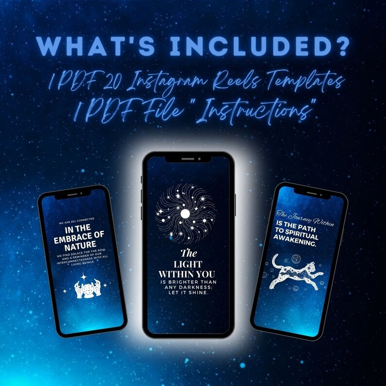 May include: Three phone screen mockups with blue backgrounds and white text. The text on the screens reads "In the Embrace of Nature", "The Light Within You is Brighter Than Any Darkness: Let It Shine", and "The Journey Within is the Path to Spiritual Awakening".