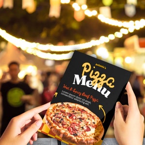 May include: A black and yellow pizza menu with the text "Antonio's Pizza Menu" and a photo of a hot and spicy beef pizza. The text reads "Hot & Spicy Beef Pizza. Lorem ipsum dolor sit amet, consectetur adipiscing elit."