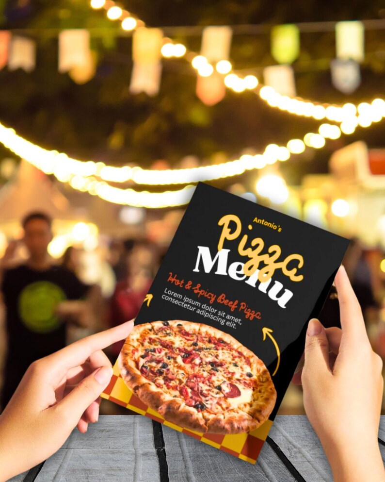 May include: A black and yellow pizza menu with the text "Antonio's Pizza Menu" and a photo of a hot and spicy beef pizza. The text reads "Hot & Spicy Beef Pizza. Lorem ipsum dolor sit amet, consectetur adipiscing elit."