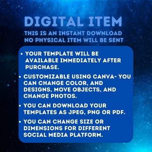 May include: A blue and white graphic with the text "DIGITAL ITEM" and information about an instant download template that can be customized using Canva. The template can be downloaded as a JPEG, PNG or PDF and can be resized for different social media platforms.