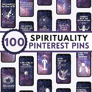 May include: A collage of 100 phone wallpapers with a purple galaxy background and white text with spiritual quotes. The text includes phrases like "Surrender to the flow of life", "Seek wisdom in stillness and strength", "The light within you", "Connect with the divine within", "Your soul is eternal", "In the dance of life", "Trust in the unseen forces guiding you", and "Our soul is the compass".