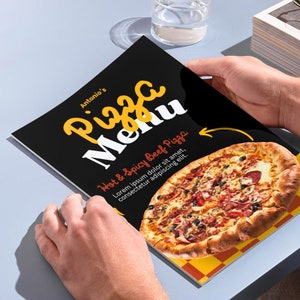 Modello di menu per pizzeria 3 in 1, modello di menu nero, modello di menu per pizzeria Canva, carta digitale per pizza, decorazioni per pizzeria, menu per pizza