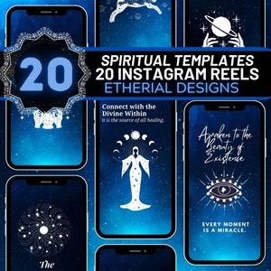 May include: A set of 20 Instagram reel templates with a spiritual theme. The templates feature celestial and mystical designs in white on a blue starry background. The text "SPIRITUAL TEMPLATES 20 INSTAGRAM REELS ETHERIAL DESIGNS" is at the top of the image.