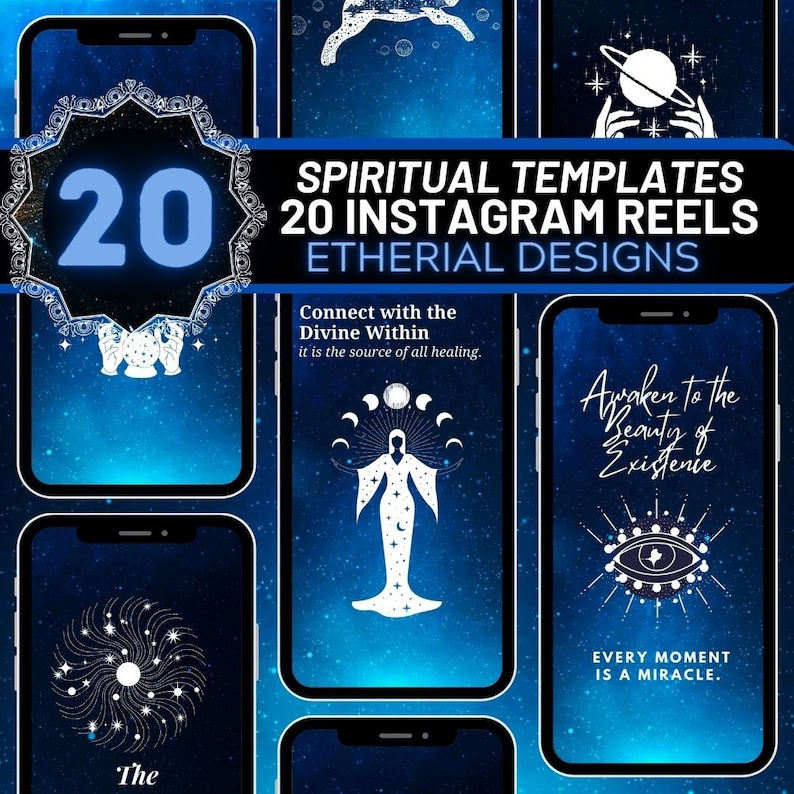 May include: A set of 20 Instagram reel templates with a spiritual theme. The templates feature celestial and mystical designs in white on a blue starry background. The text "SPIRITUAL TEMPLATES 20 INSTAGRAM REELS ETHERIAL DESIGNS" is at the top of the image.