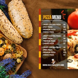 May include: A pizza menu with a variety of pizza options, including crispy chicken pizza, spicy pizza, premium pizza, and cheese pizza. The prices are listed next to each pizza option. The menu is on a brown background with a pizza slice and other food items in the background.