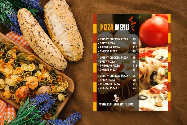 May include: A pizza menu with a variety of pizza options, including crispy chicken pizza, spicy pizza, premium pizza, and cheese pizza. The prices are listed next to each pizza option. The menu is on a brown background with a pizza slice and other food items in the background.