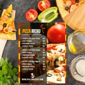 May include: A pizza menu with a variety of pizza options, including crispy chicken pizza, spicy pizza, premium pizza, and cheese pizza. The menu is displayed on a black background with a yellow and orange border. The prices for each pizza are listed next to the pizza name. The website address "WWW.REALLYGREATSITE.COM" is displayed at the bottom of the menu.