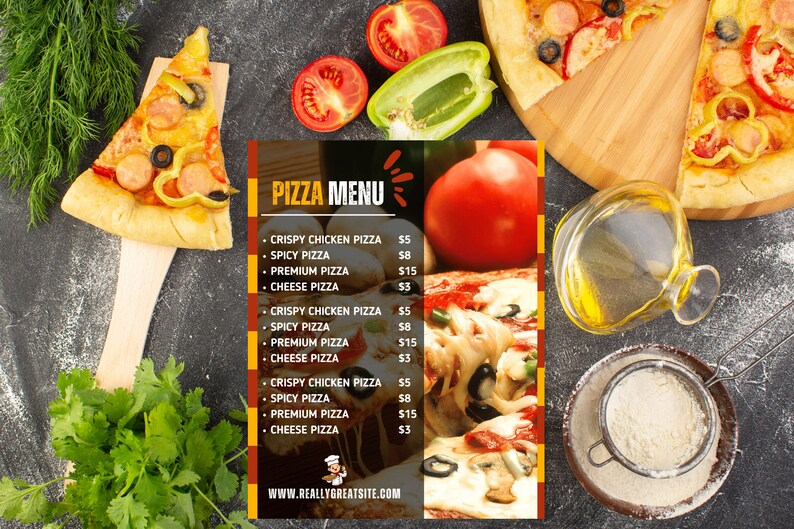 May include: A pizza menu with a variety of pizza options, including crispy chicken pizza, spicy pizza, premium pizza, and cheese pizza. The menu is displayed on a black background with a yellow and orange border. The prices for each pizza are listed next to the pizza name. The website address "WWW.REALLYGREATSITE.COM" is displayed at the bottom of the menu.