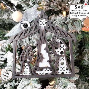 Jesus Birth Rattan Patterned Nativity scene SVG Christmas for Glowforge Laser cut CnC Cut Decor Digital Files, Cricut Christian ornament SVG