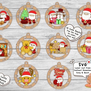 10 Design 1 Layer Cute Santa Clause Ornament SVG, Merry Christmas Reindeer SVG for Glowforge Laser Cut CNC Decor Digital Files, Wood Craft