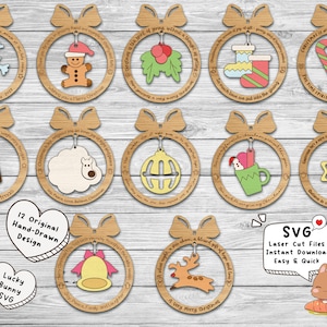 12 Design 1 Layer Christmas Dangle Ornament SVG, Citation de célébration d'amitié familiale SVG pour Glowforge Laser Cut CNC Decor Digital Files