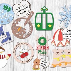 Decoração intercambiável de inverno SVG glowforge arquivos cnc com corte a laser, boneco de neve svg, floco de neve svg, inverno png para cricut, pacote de inverno svg