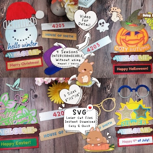 4 estações em 1 cabide de sinal de decoração de porta frontal de boas-vindas intercambiável SVG Digital Laser Cut Ready Files, Glowforge e Secure Hold testado