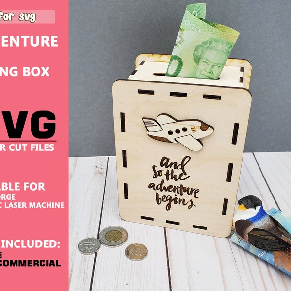 Piggy bank adventure savings box SVG files for glowforge svg, cricut, storage svg files, cnc laser cut file for wood, lasercut money box svg