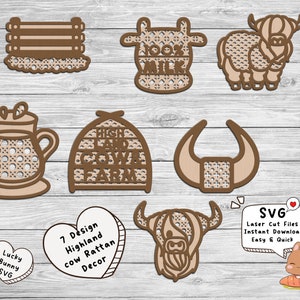 Highland cow Rattan pattern Decoration svg for Glowforge or laser cut cnc digital files, farm tiered tray svg, interchangeable decor svg dxf