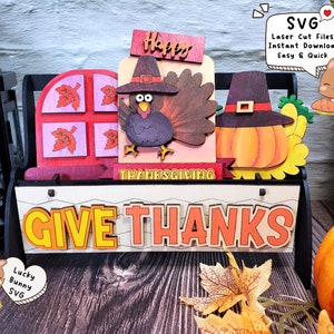 Thanksgiving SVG Glowforge Laser CnC Cut Decor Digital Files, Interchangeable tiered tray, Cute Fall autumn give thanks Sign design SVG file