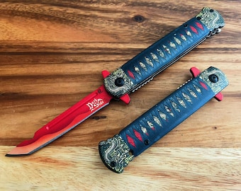 9" Red Japanese Katana Style Folding Pocket Knife