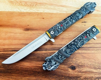 Black Dragon Faux Ivory Handle Spring Assisted Folding Knife