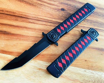 Black Anime Sword Design Spring Assisted Folding Knife