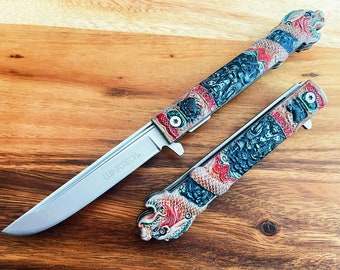 Dragon Faux Ivory Handle Spring Assisted Pocket Knife