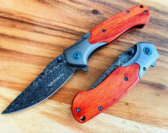 Damascus Pattern Steel Folding Pocket Knife: Red Wood Handle, Spring Assisted