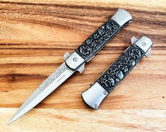 9" Vintage Luxury Stonewash  Skull Design  Spring Assisted Open Blade Folding EDC Pocket Knife