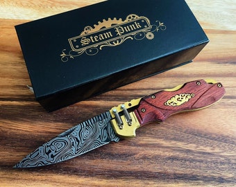 8″ Vintage Luxury Steampunk Spine Lock Folding Knife Manually Open Folding Knife Wood Handle
