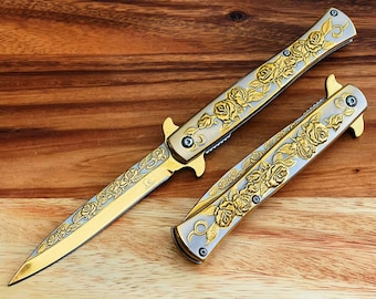 9" Vintage Luxury Gold Rose Design  Spring Assisted Open EDC Blade Folding Survival Pocket Knife