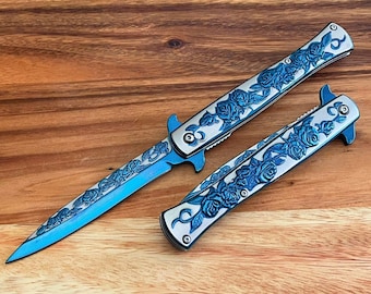 Blue Rose Folding Knife: 9" Vintage Spring Assisted Pocket Knife
