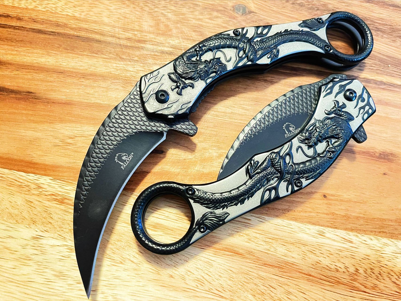9-inch luxe karambit zakmes met veerondersteuning 3D Black Dragon Fiery Hunting Tactical Black