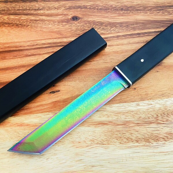 10.7" Japanese Samurai Rainbow Damascus Tanto 440 Stainless Steel Full Tang. For Collection, Gift