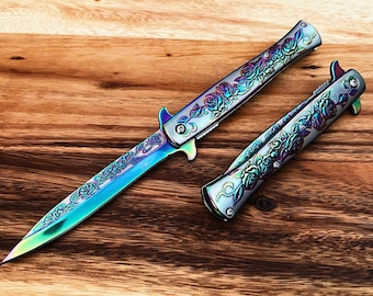 Rainbow Rose Spring Assisted Pocket Knife, 9" EDC Blade
