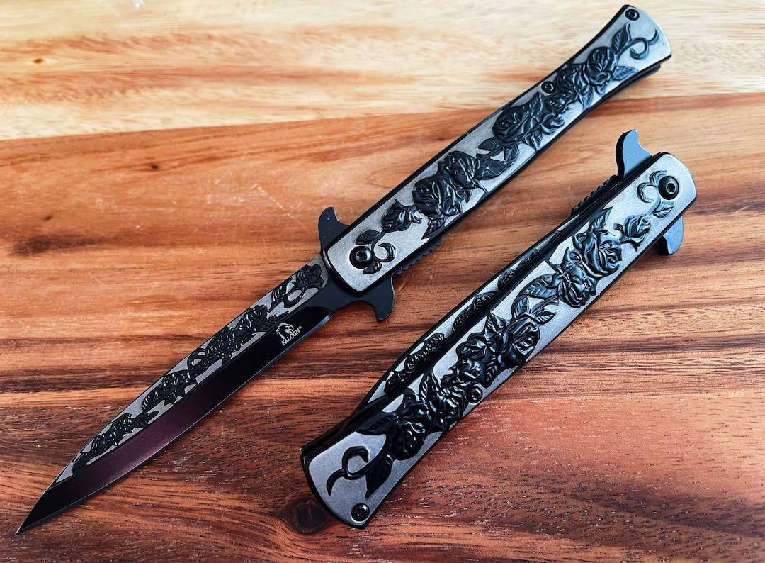Vintage Black Rose Design Pocket Knife, Spring Assisted, 9" - Etsy Türkiye