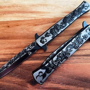 Vintage Black Rose Design Taschenmesser, Federunterstützt, 9&quot;